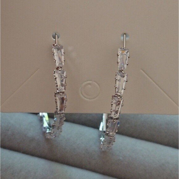 Cubic Zirconia silver tone hoop earrings - Picture 5 of 8